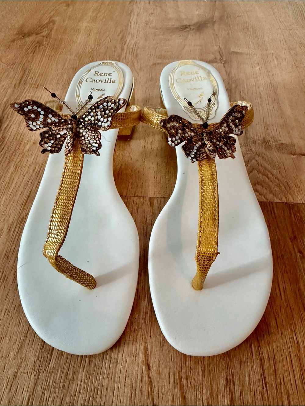 ✨ RARE ✨ Y2k René Caovilla - Gold & Crystal Butterfly Block Heel Sandals -EU 38